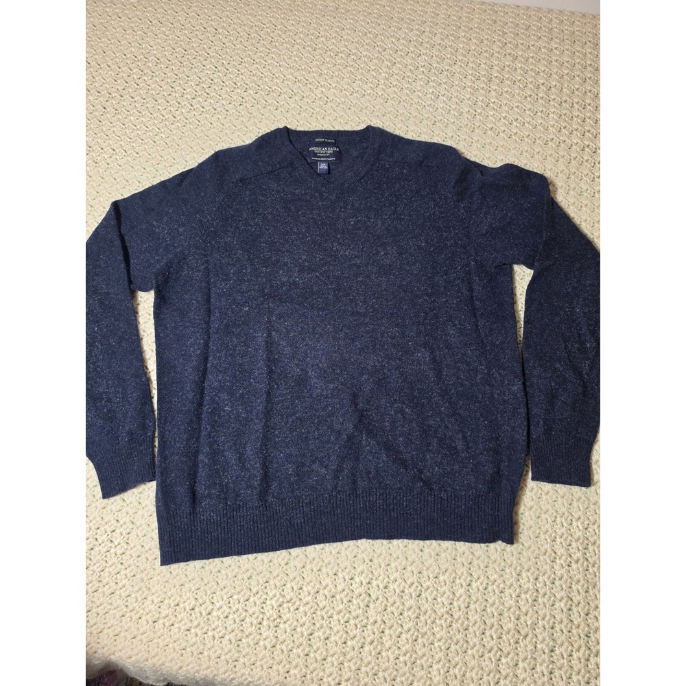 Vintage American Eagle V-Neck Sweater S Navy Blue Excellent Lambswool Blend Slim